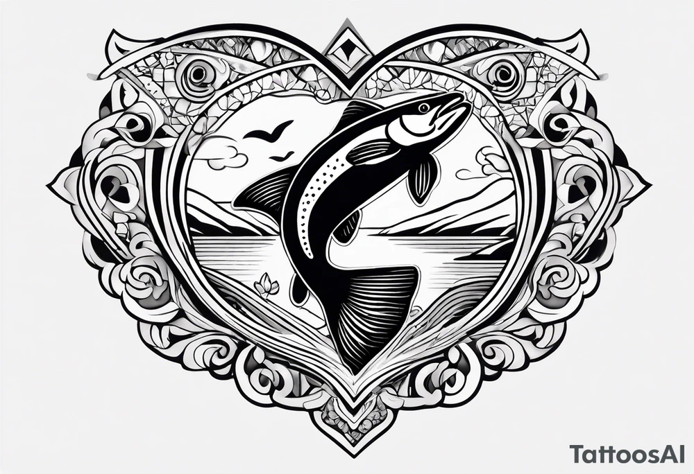 A small tattoo featuring a lovestruck trout as the main theme, drawn without lines, using only color combinations. Minimalistic, tatoo, in artistic or geometric design tattoo idea