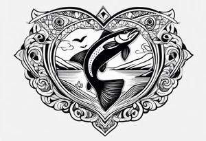 A small tattoo featuring a lovestruck trout as the main theme, drawn without lines, using only color combinations. Minimalistic, tatoo, in artistic or geometric design tattoo idea