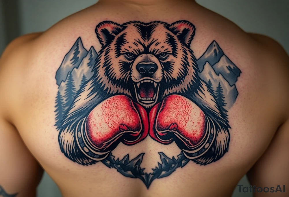 grizzly bear wearing boxing gloves for a match as a person would. The surrounding area is mountainous jungle tattoo idea