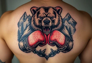 grizzly bear wearing boxing gloves for a match as a person would. The surrounding area is mountainous jungle tattoo idea
