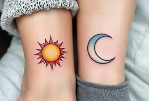 One has the sun’s fiery rays in orange and amber, and the other a crescent moon in gray and pale blue, forming a celestial cycle when side by side. tattoo idea