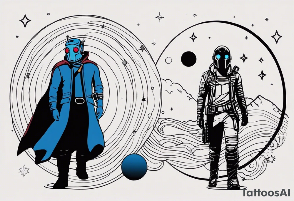 I want a tattoo with the idea and imagery about overcoming depression. I am particularly attached to the the idea of Kid Cudi’s man on the moon and man on the moon type imagery. I would like the general theme to be space related. I like the image of star lord and yondu from guardians of the galaxy when they are floating into space and yondu says I wasn’t your father but I am your daddy. General sci fi and space themes are welcome. Overall, I want a sense of overcoming difficulties. This would be an arm sleeve tattoo idea