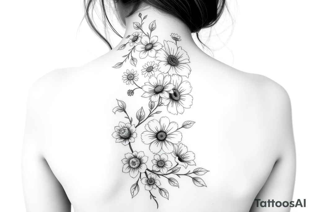 A spine tattoo a flower vine going down the whole back With the flowers Honeysuckle Chrysanthemum  waterlily Gladiolus Daisy sweet pea rose tattoo idea