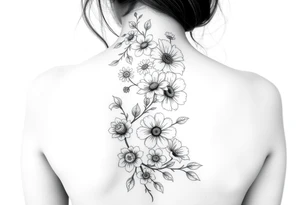 A spine tattoo a flower vine going down the whole back With the flowers Honeysuckle Chrysanthemum  waterlily Gladiolus Daisy sweet pea rose tattoo idea