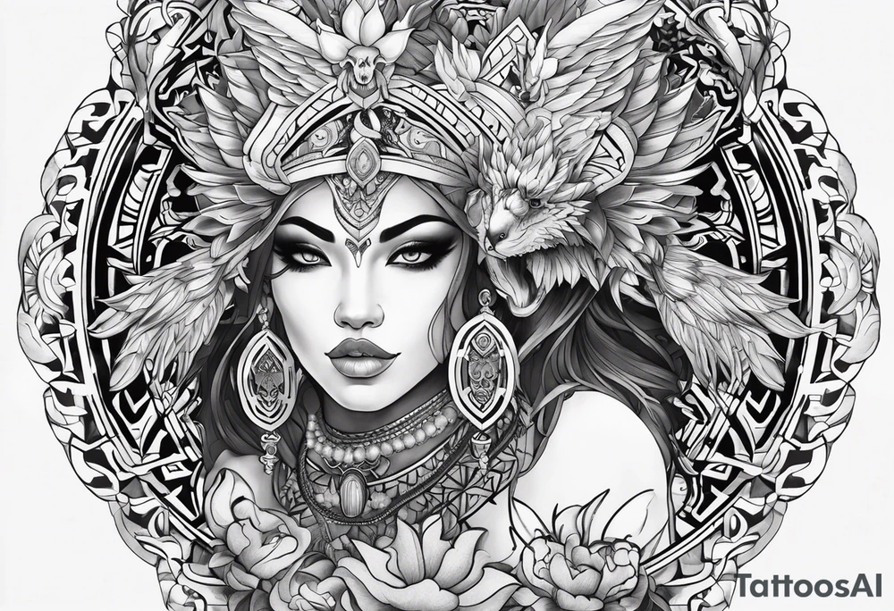 kali ma, alien goddess, valkrye, aries, pirate, divine feminine, zenza resonance, pachamama, lotus azul, blank panther, eagle, skull, 5D, nueva gaya, dna 12, left side chest tatoo tattoo idea