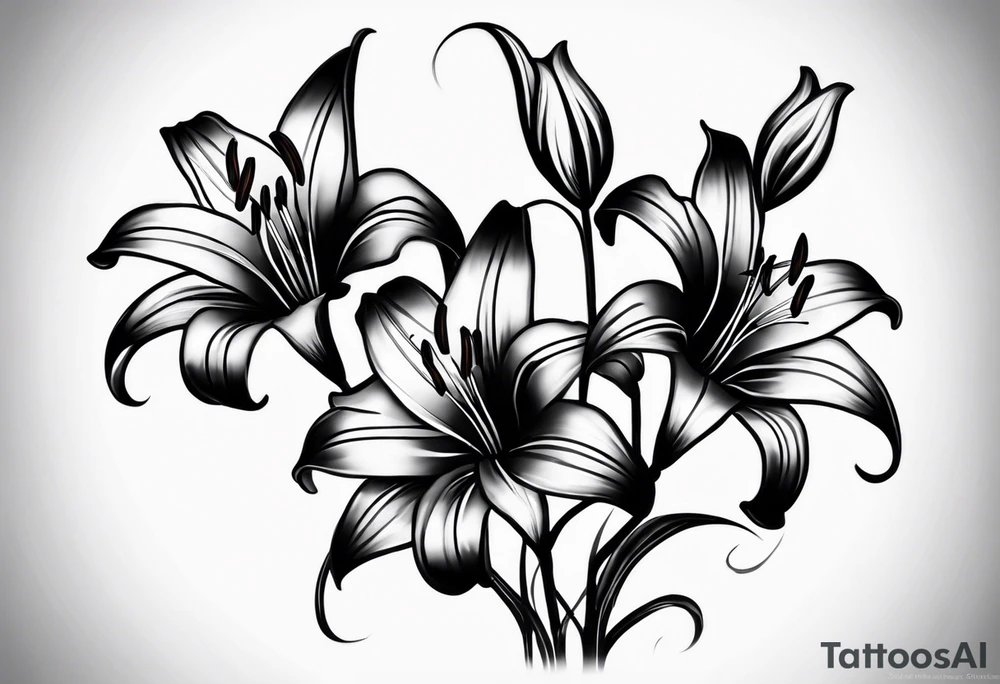 I'm looking for a tattoo design featuring tiger lilies with the initials 'SAC' incorporated into the stems. I envision a black and white style, sleek and minimalist, with clean lines and shading for depth.
Could you recreate this concept with your artistic touch? tattoo idea