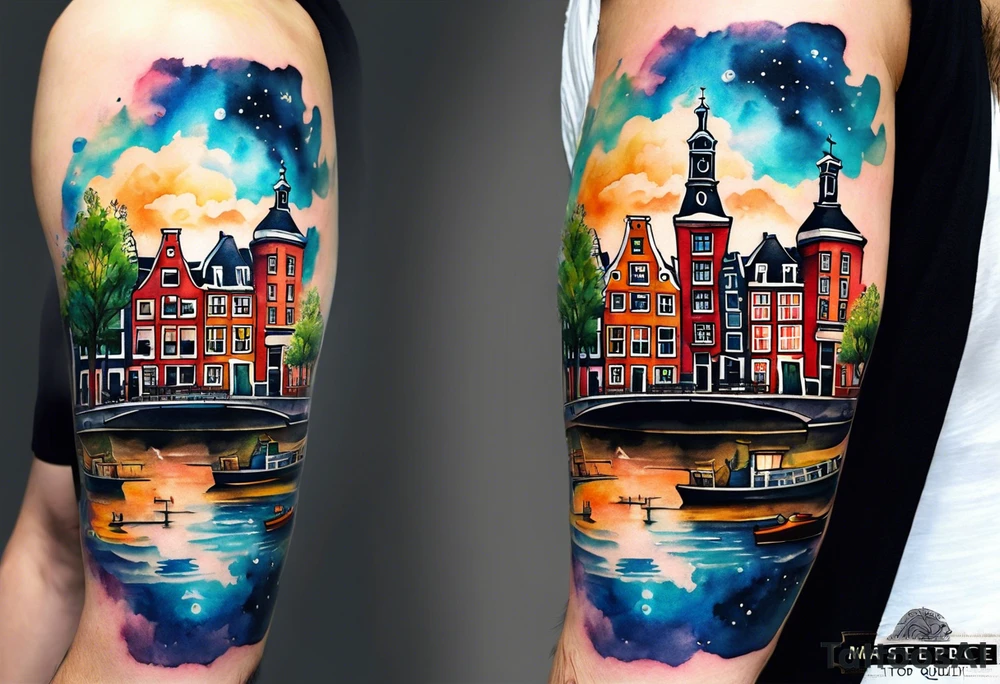 Watercolour style arm tattoo of Amsterdam houses and Amsterdam canal in space featuring wildlife, stag deer and pineapples at the bottom tattoo idea