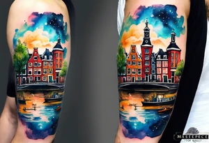 Watercolour style arm tattoo of Amsterdam houses and Amsterdam canal in space featuring wildlife, stag deer and pineapples at the bottom tattoo idea