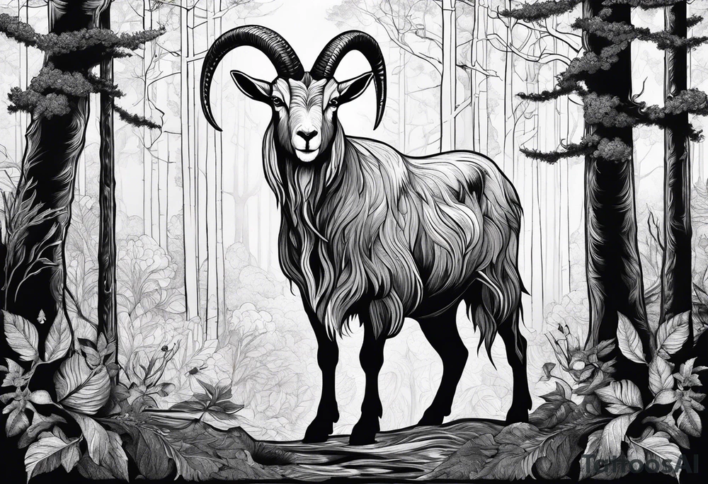 Evil Satanic goat with horns  (full body) in a forest tattoo idea