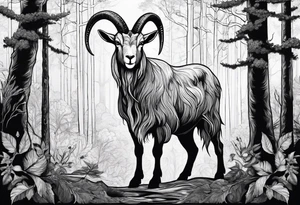 Evil Satanic goat with horns  (full body) in a forest tattoo idea