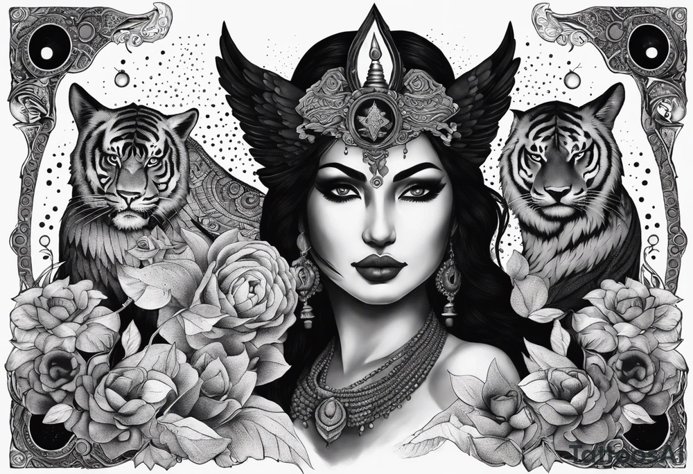 black kali, goddess pirate, alien, angel, pachamama, valkrye, warrior, flying, skull, lotus azul, wing, eagle, zenza resonance, stars, 5D, anahata chakra, death, durga, riding on a tiger, flying lady, kundalini, chest tatoo, samuri, rebel, serpent tattoo idea