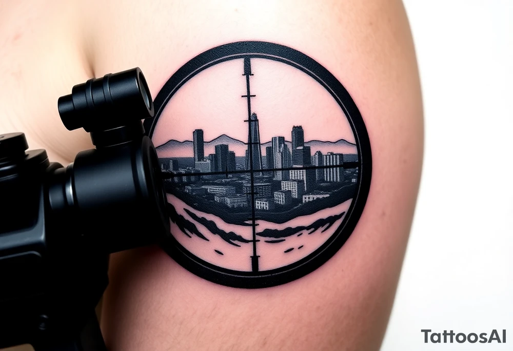 scope crosshairs with eerie Los Angeles city horizon in background tattoo idea