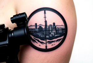 scope crosshairs with eerie Los Angeles city horizon in background tattoo idea