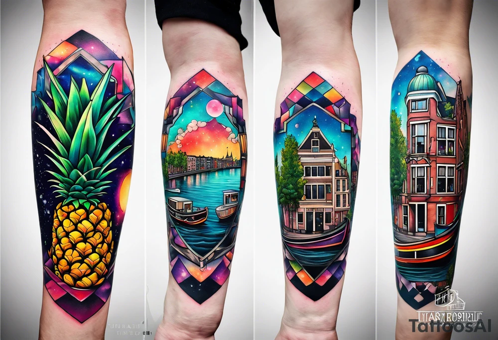 Tattoo of  animals and pineapples in Amsterdam buildings and canal featuring glass and colours of galaxy and universe colours tattoo idea