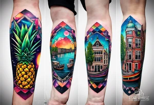 Tattoo of  animals and pineapples in Amsterdam buildings and canal featuring glass and colours of galaxy and universe colours tattoo idea