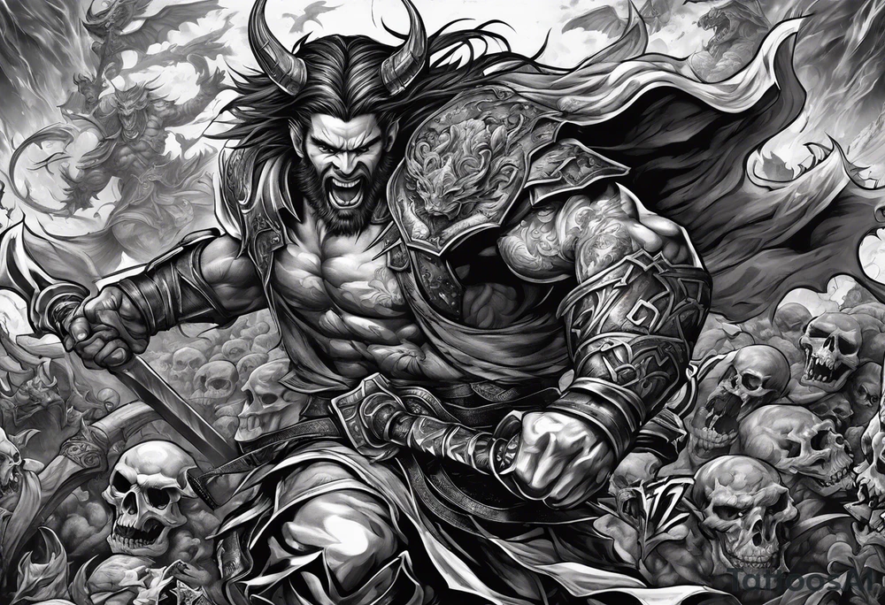 male fighting a demon in a battle field of skulls tattoo idea
