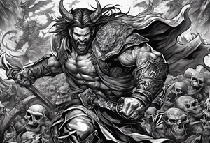 male fighting a demon in a battle field of skulls tattoo idea