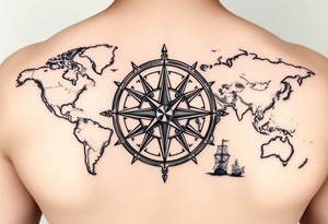 antique compass rose overlaid on weathered world map with sailing ships tattoo idea