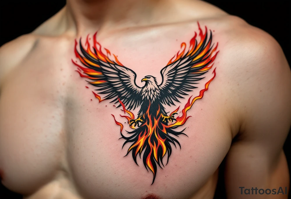 A mighty eagle emerging from golden flames, symbolizing rebirth, resilience, and the indomitable spirit of Silesia. The flames transition from deep red to gold, adding depth and intensity. tattoo idea