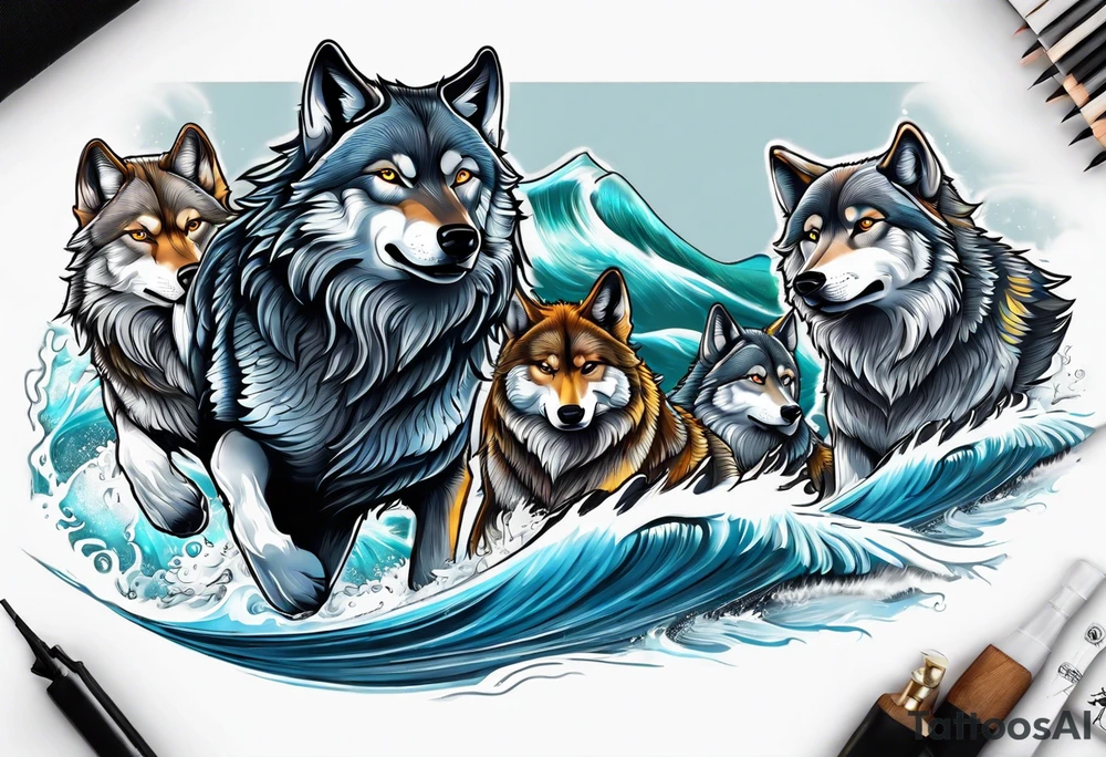 a pack muscular of gray wolves surfing tattoo idea