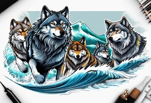 a pack muscular of gray wolves surfing tattoo idea