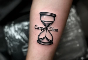 Classic black serif font "Carpe Diem" etched beneath a realistic grayscale hourglass dripping sand. tattoo idea