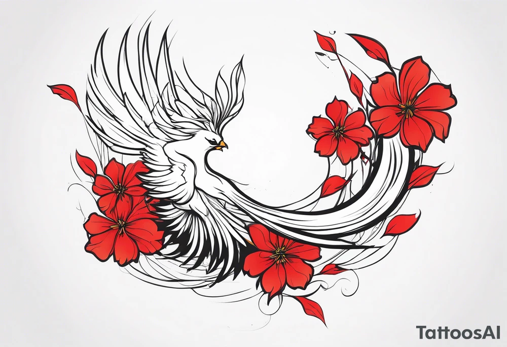 elongated phoenix in profile with claws holding red flowers falling tattoo idea