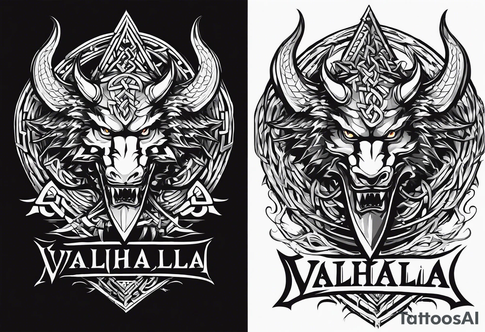 Valhalla sword shield dragon axe Valknut barbed wire chains fire tattoo idea Valhalla sword shield dragon axe Valknut barbed wire chains fire tattoo idea