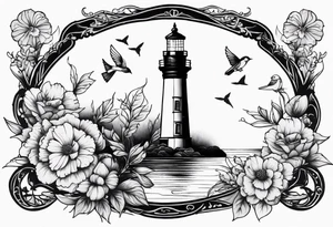 Feminine lighthouse with flower and songbirds tattoo idea