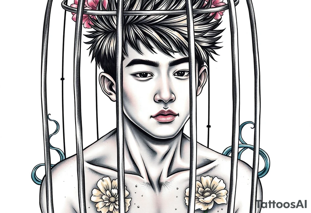 Handsome Asian young guy in a cage tattoo idea