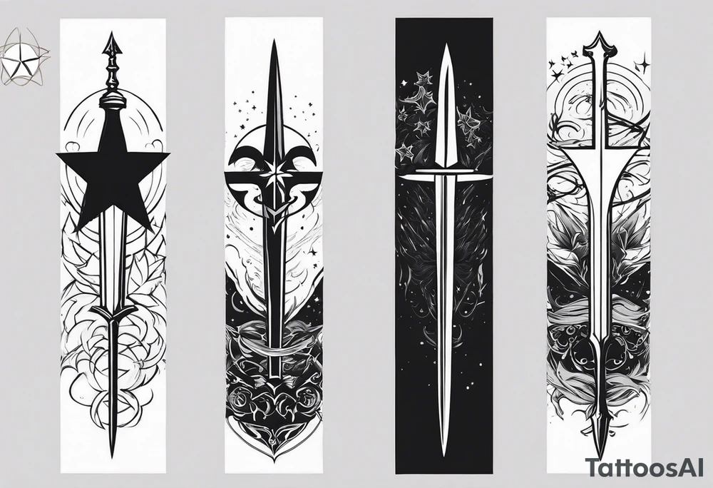 complete upper arm sleeve. Feature three mountain side by side, with 3 stars above them from a court of thorns and roses. Emphasize crossed swords, integrating with abstract, sword patterns that evoke the Valkyrie spirit like nesta from a court of silver flames. Keep the design in clean, simple lines. tattoo idea