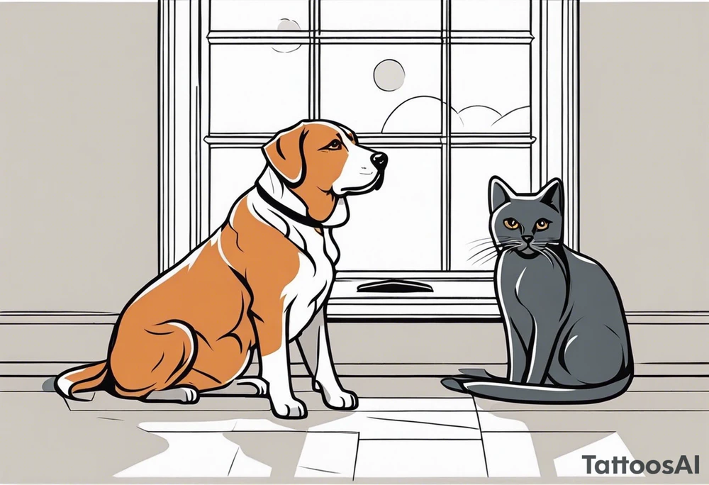dog and cat sitting on floor and looking out octagonal window together
american traditional style tattoo idea