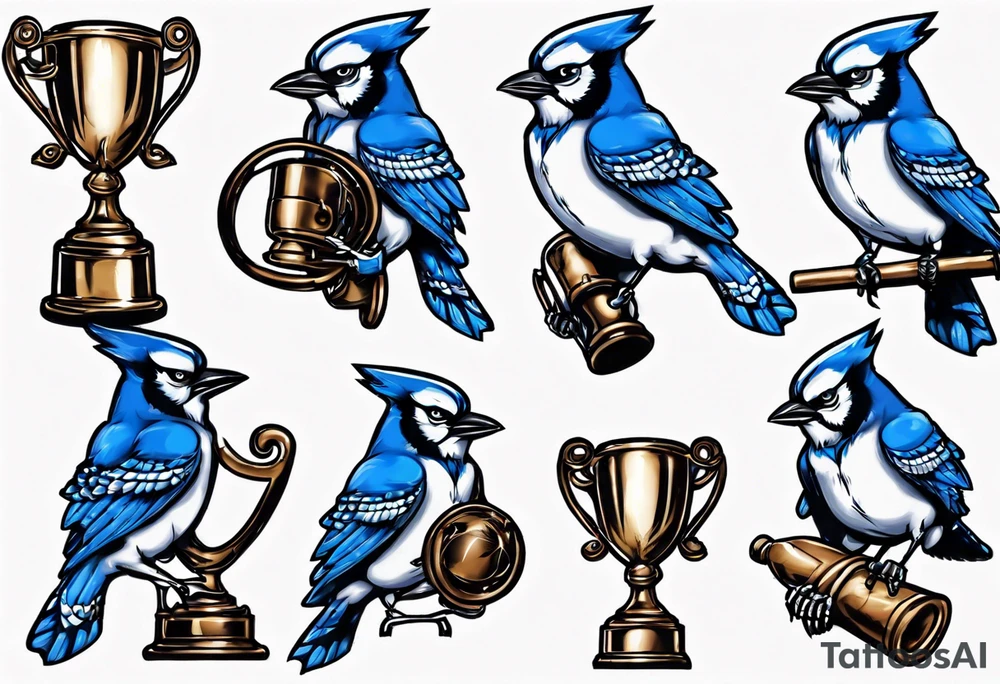 mean looking bluejay holding a trophy tattoo idea