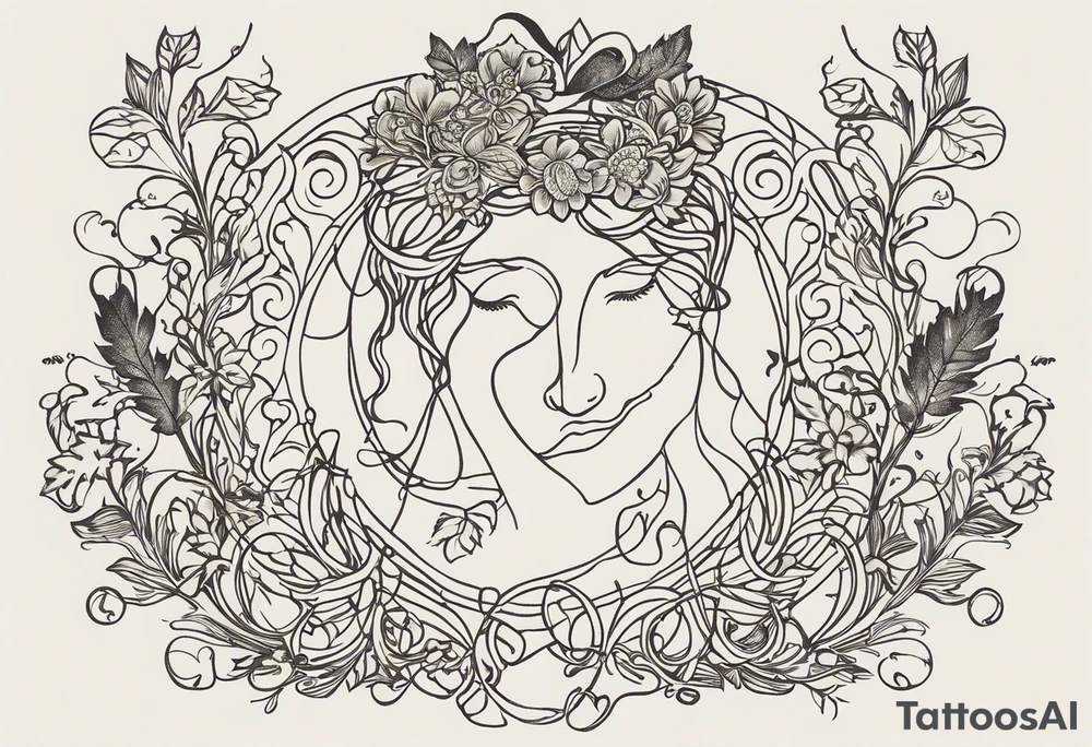 Create a tattoo design that beautifully merges the Greek gods Dionysus and Clio into a cohesive visual narrative. Incorporate Dionysus, the god of wine, ecstasy, and theater, with symbols such as grapevines, wine goblets, masks, or thyrsus staffs. For Clio, the muse of history and lyre-playing, consider incorporating scrolls, books, quills, or musical instruments. Ensure the design reflects their personalities, with Dionysus evoking a sense of wild revelry and Clio embodying scholarly wisdom and artistic inspiration. The design should seamlessly blend these elements to tell a captivating story of divine creativity and knowledge. tattoo idea