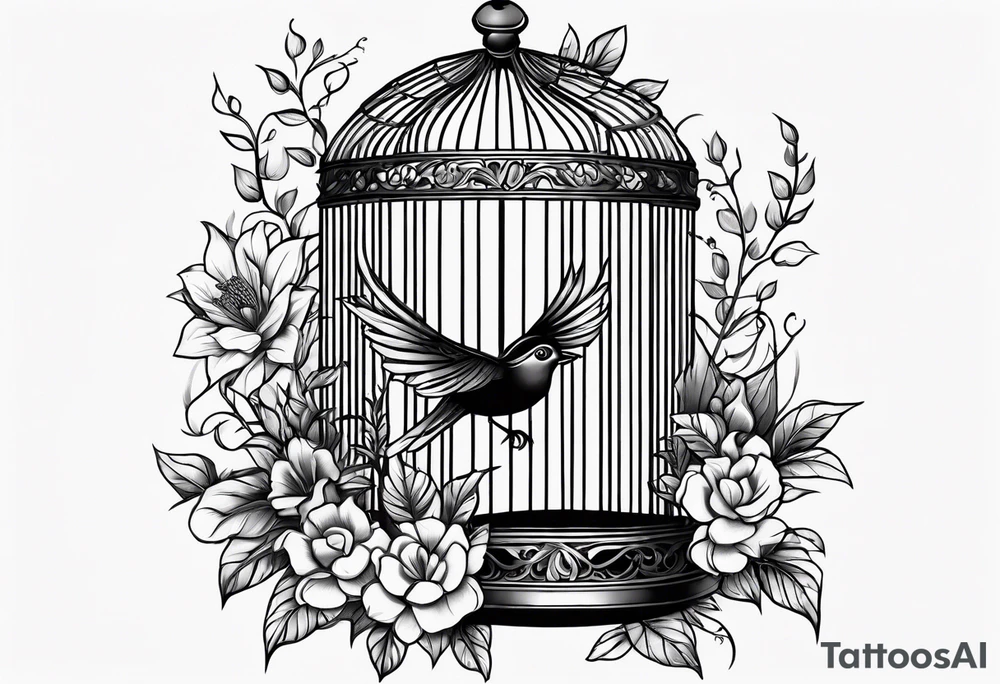 neo traditional foliage and flowers only on the left top of a long bird cage tattoo idea