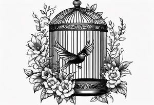 neo traditional foliage and flowers only on the left top of a long bird cage tattoo idea