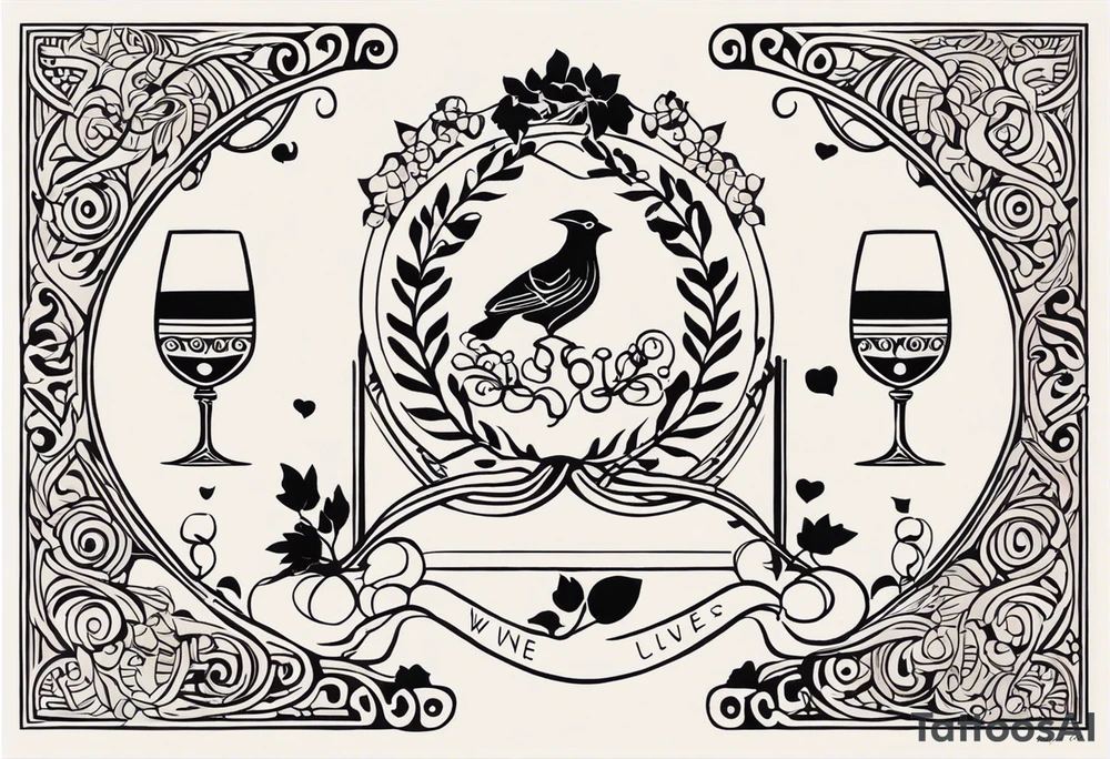 Create a tattoo design that beautifully merges the Greek gods Dionysus and Clio into a cohesive visual narrative. Incorporate Dionysus, the god of wine, ecstasy, and theater, with symbols such as grapevines, wine goblets, masks, or thyrsus staffs. For Clio, the muse of history and lyre-playing, consider incorporating scrolls, books, quills, or musical instruments. Ensure the design reflects their personalities, with Dionysus evoking a sense of wild revelry and Clio embodying scholarly wisdom and artistic inspiration. The design should seamlessly blend these elements to tell a captivating story of divine creativity and knowledge. tattoo idea