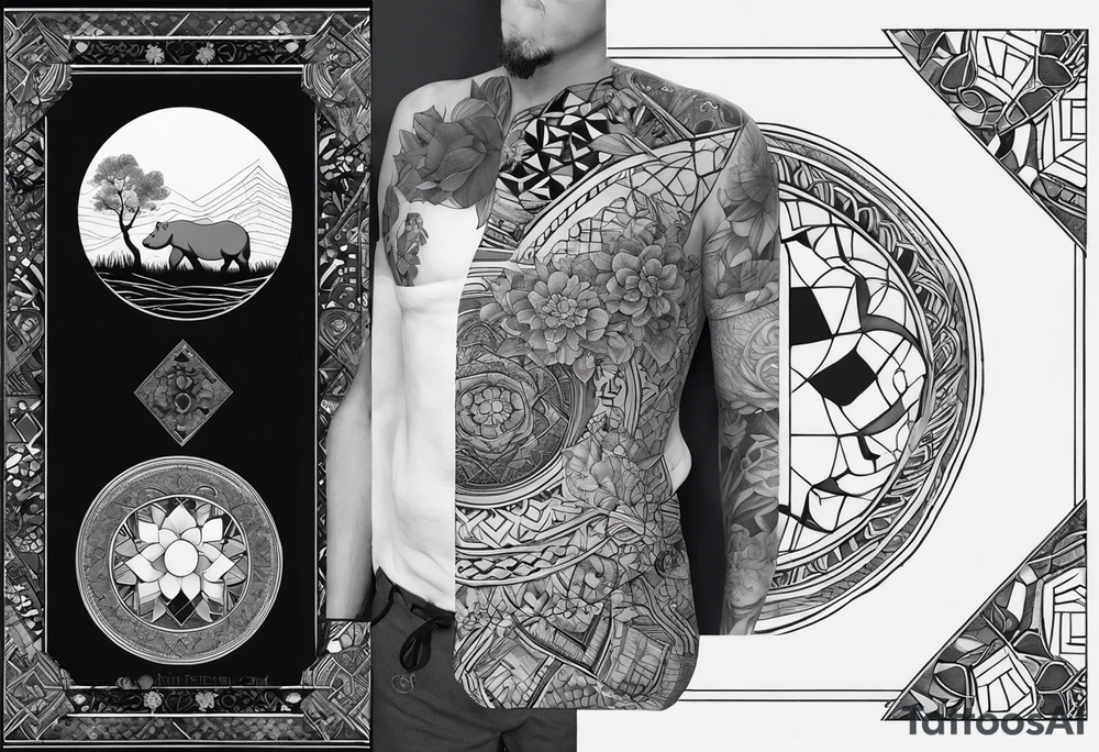 Very asymmetrical, +geometric pattern, with realistic full moon, with hippo at side look, +tribal, +geometric, +inkart , +blackwork, +grey scale, + sketch
with wintersweet flower bud, +portrait orientation, +inkart touch, tattoo idea