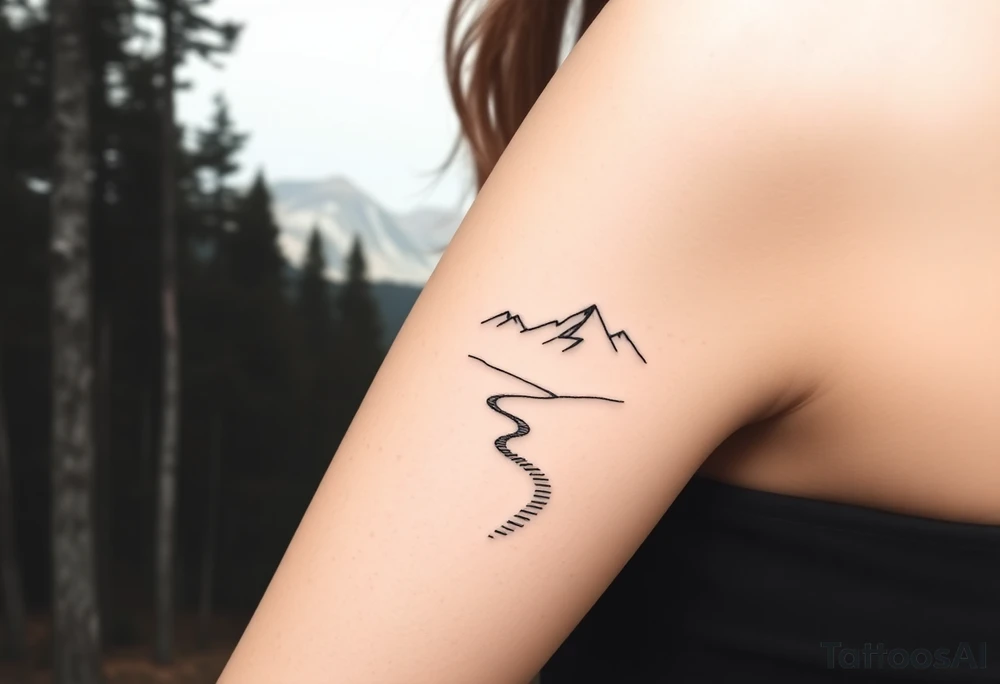 A path in the woods with mountains in the background. The path should be subtle and the tattoo should be fine line tattoo idea