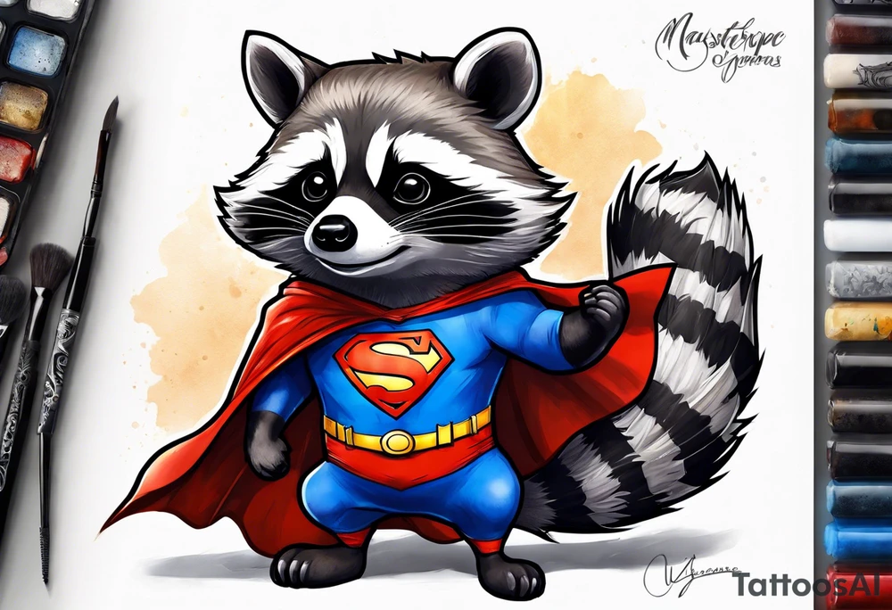 raccoon wearing a Superman t-shirt tattoo idea