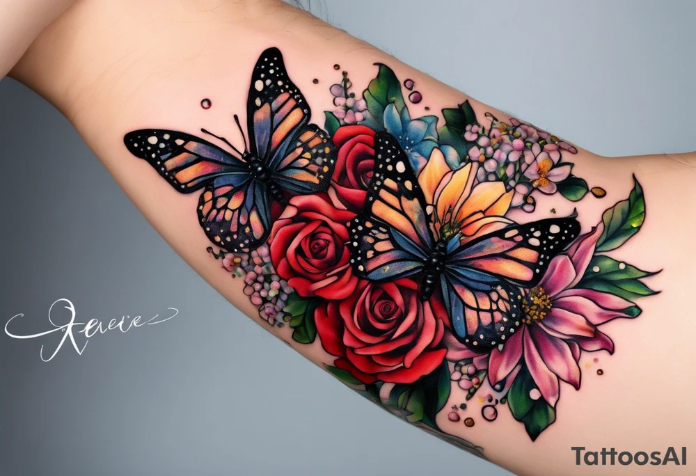 please make a Gemini constellation made of roses, Sagittarius constellation made from Chrysanthemum flowers, Virgo constellation made of Aster flowers, Taurus constellation made from Lily of the Valley flowers all tied together in an arm sleeve tattoo with 4 realistic lady bugs scattered throughout, one realistic butterfly, one realistic cassette tape with the following written on it for song list: #1 "you are my sunshine-3:15"
#2 "3 little birds-12:14"
#3 "twinkle twinkle little star-6:25"
#4 "ABC's-12:00"
Also include a polaroid picture of a realistic view of "the tree of life" symbol with the following coordinates written on the bottom:
61.2547° N, 149.6932° W
61.2547° N, 149.6932° W
43.6355° N, 84.2608° W
42.278046°N, -83.738220W

Also include a realistic skull tied in to the flowers and back ground tattoo idea