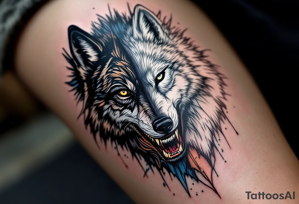 Black wolf face and a white wolf face side by side tattoo idea