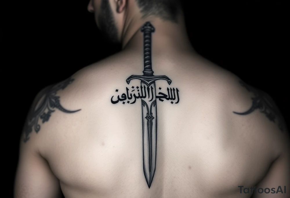 Arabian gothic style tattoo with a sword and looks middle eastern with Arabic writing  with sword going all the way down the back maybe a french style sword with a lovely french handle tattoo idea