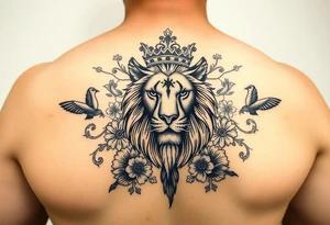powerful majestic lion with a crown, surrounded by floral ornaments and birds tattoo idea