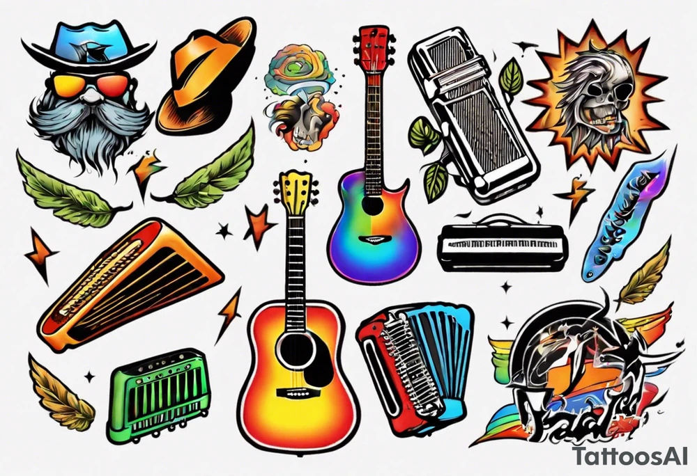 Music, guitar, harmonica, pick, dad, thunder, rainbow, tattoo idea