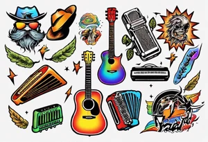 Music, guitar, harmonica, pick, dad, thunder, rainbow, tattoo idea