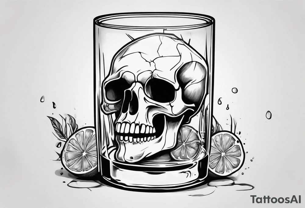 A scull inside the glass with alcohol and piece of lime tattoo idea