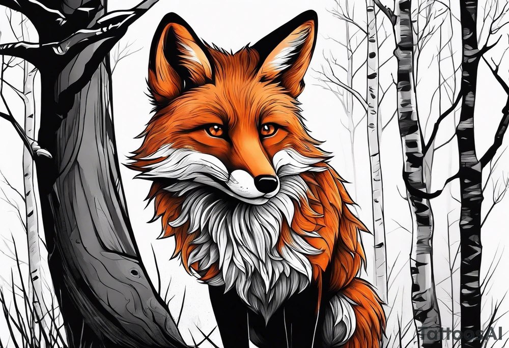 Creepy evil fox in birch woods tattoo idea