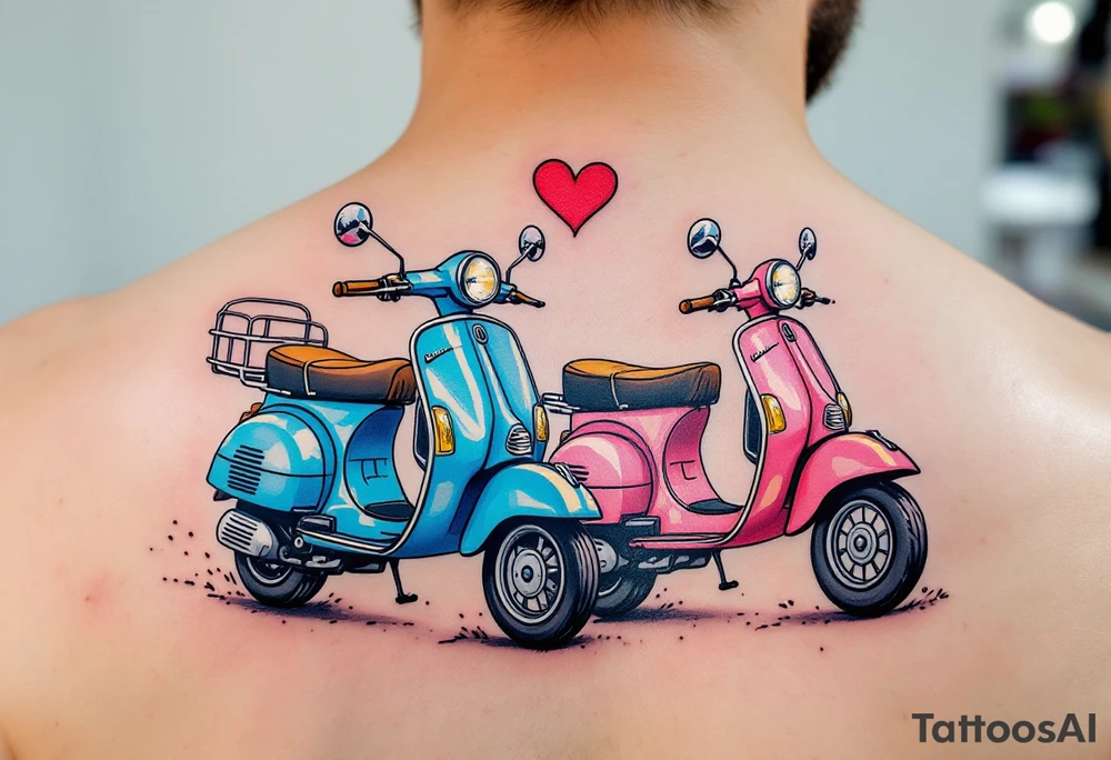 2 scooters, blue and pink, riding together in love tattoo idea