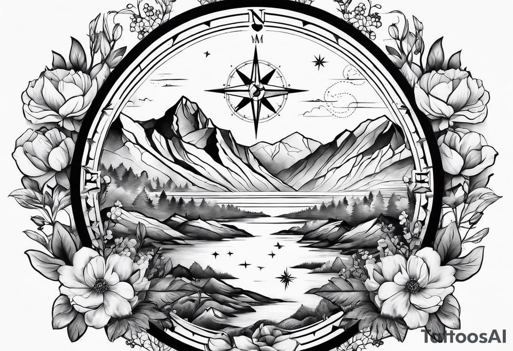 Compass mountains flowers tattoo idea